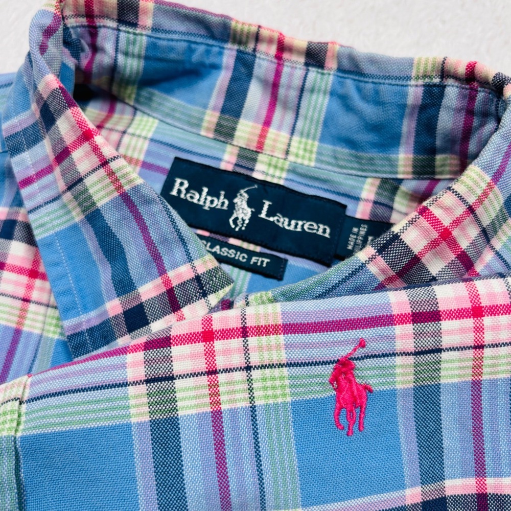 Ralph Lauren Button  Shirt Mens L Blue Pink Green Plaid Classic Pony Logo Preppy